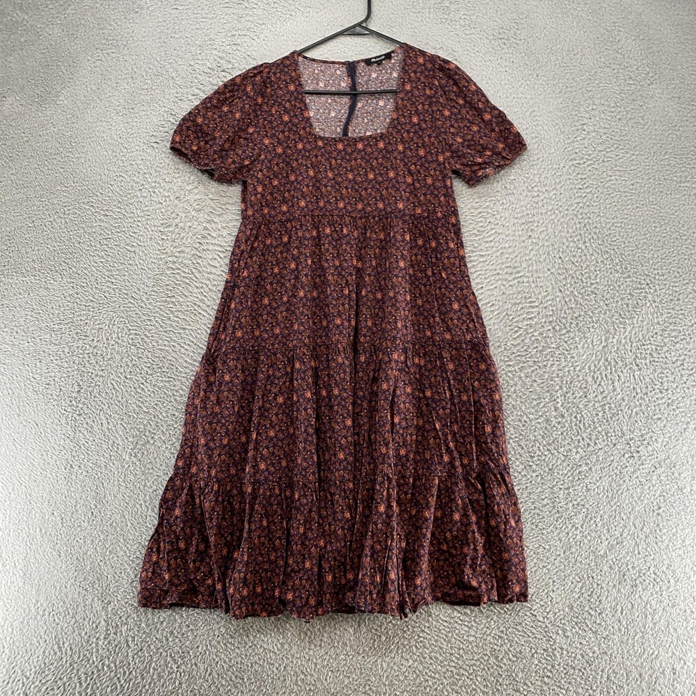 Madewell Midi Dress Womens 6 Rust Floral Square Neck Puff Sleeve Tiered Babydoll - Picture 1 of 13